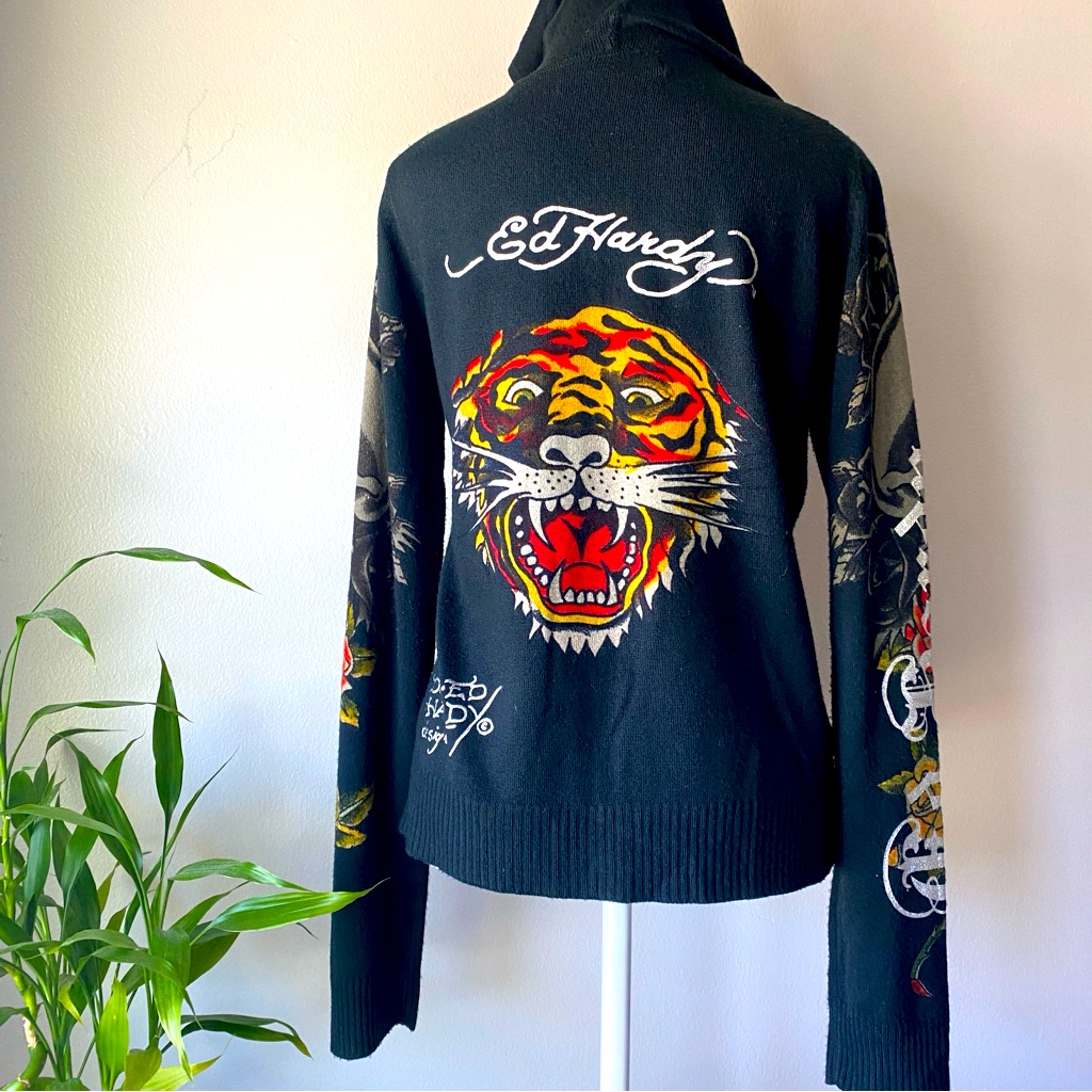 Vtg Ed Hardy Hoodie Tiger Size M Tattoo, Skull, Zip Up Acrylic Black